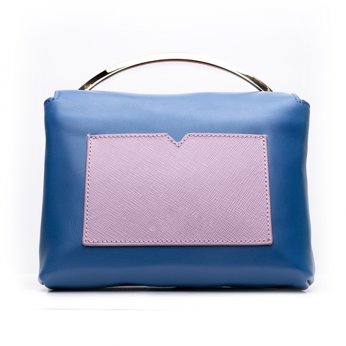 新款时尚特色蓝紫拼色双袋女士斜挎包真皮手提包 