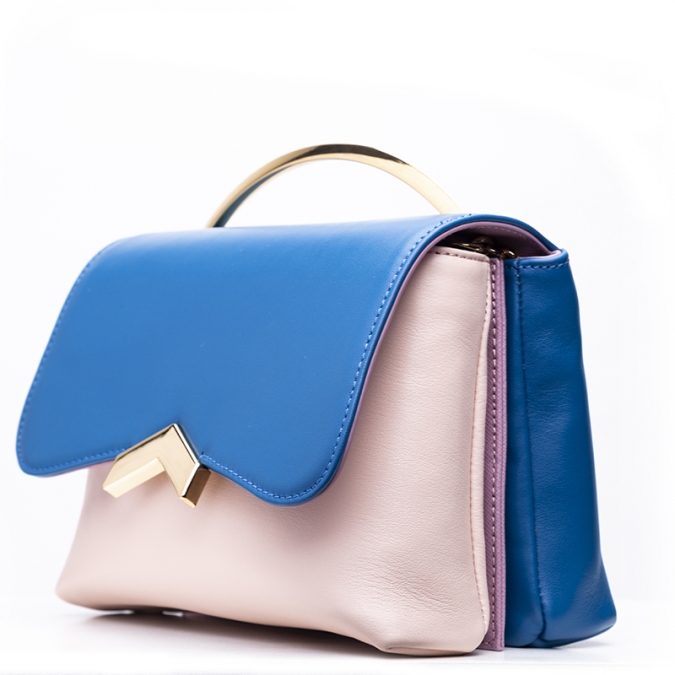 新款时尚特色蓝紫拼色双袋女士斜挎包真皮手提包 